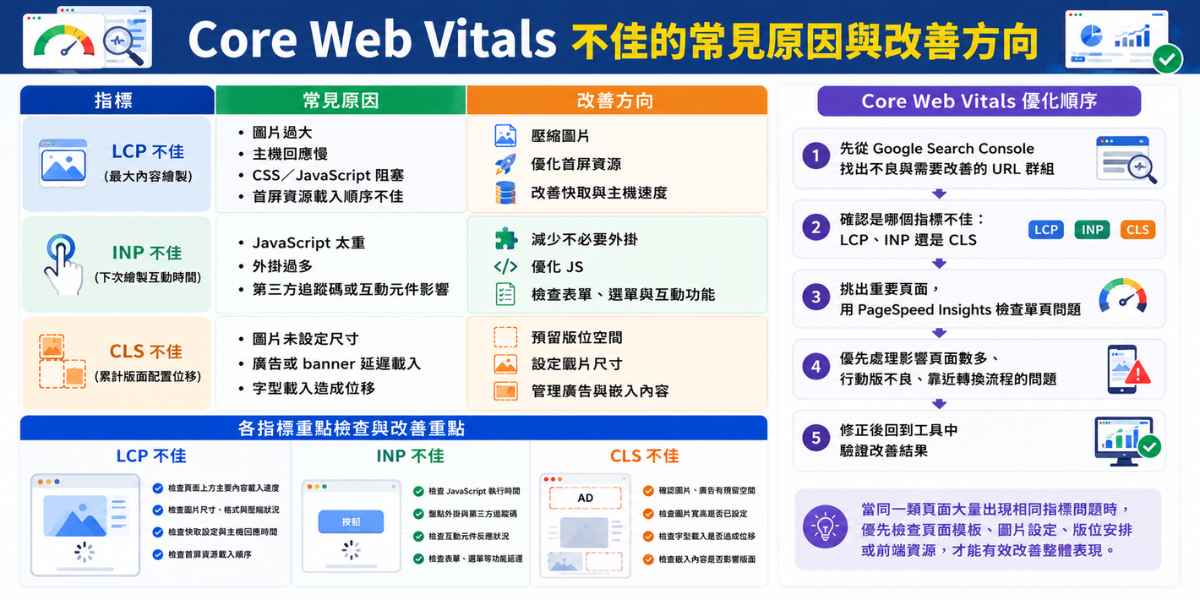 Core Web Vitals 不佳原因與改善方向圖，整理 LCP 不佳、INP 不佳、CLS 不佳的常見原因、改善方向與優化順序。