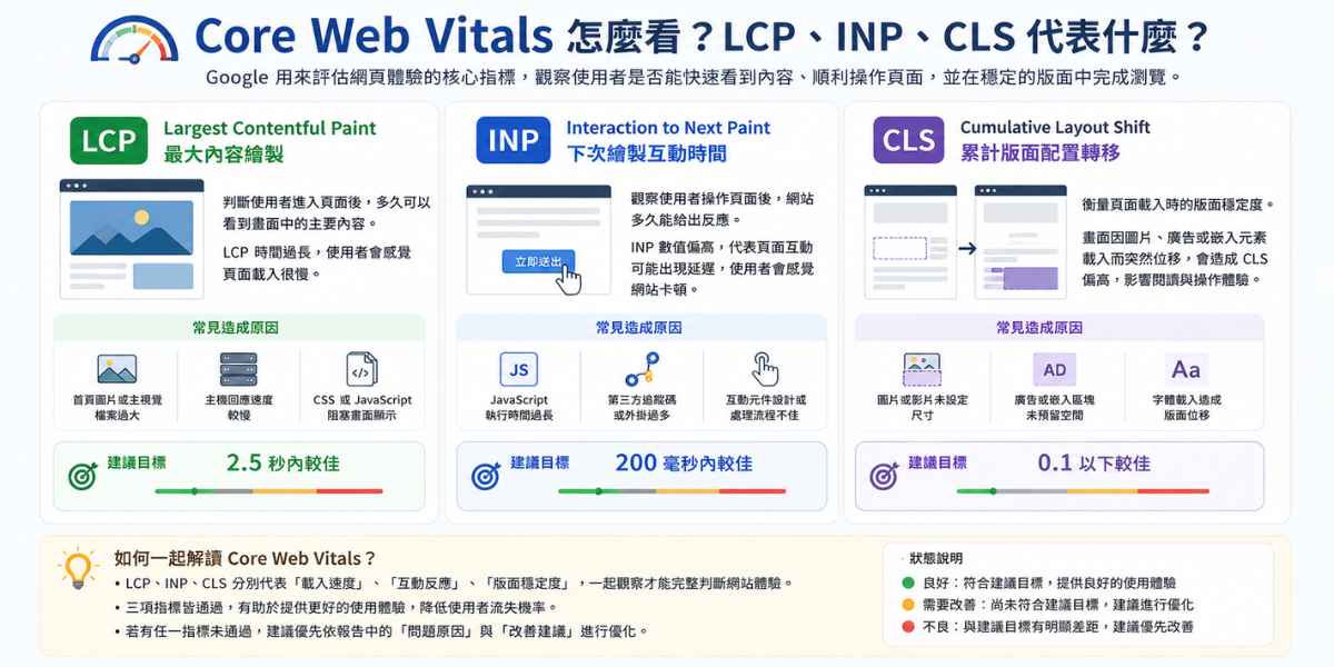 Core Web Vitals 指標說明圖，整理 LCP、INP、CLS 分別代表主要內容載入速度、頁面互動反應速度與版面穩定度。