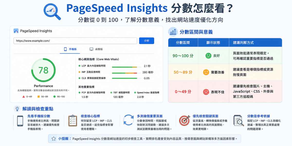 PageSpeed Insights 分數解讀圖，說明 90 到 100 分為良好、50 到 89 分需要改善、0 到 49 分表現不佳，並提醒搭配 Core Web Vitals 與重要頁面檢查。