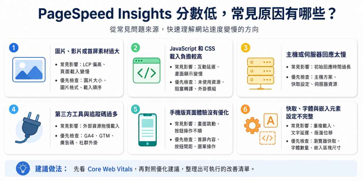 PageSpeed Insights 分數低常見原因整理圖，說明圖片影片過大、JavaScript 和 CSS 載入負擔高、伺服器回應慢、第三方追蹤碼過多、手機版體驗未優化等問題。