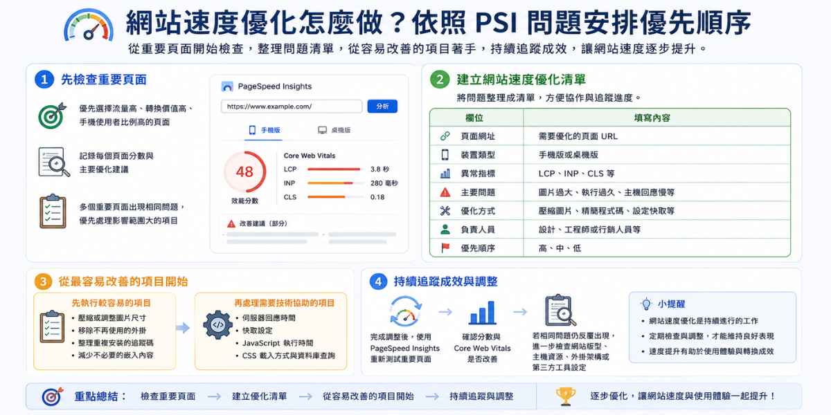 網站速度優化優先順序圖，說明先檢查重要頁面、建立網站速度優化清單、從容易改善的項目開始，並持續追蹤 PageSpeed Insights 成效。