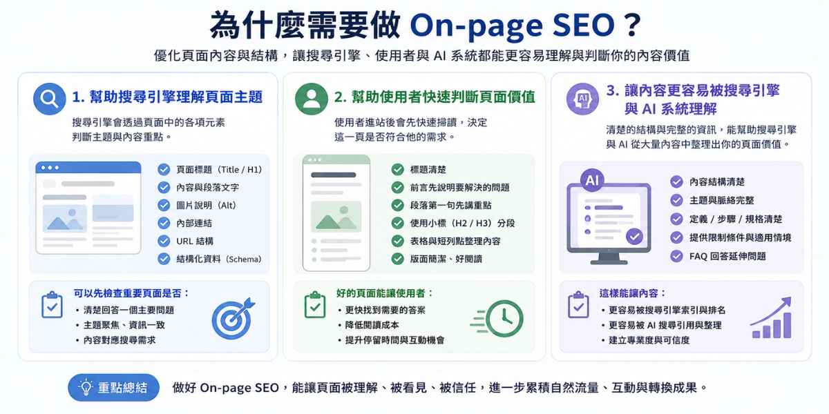 說明為什麼需要做 On-page SEO,包含幫助搜尋引擎理解頁面、使用者判斷價值與 AI 系統整理內容。