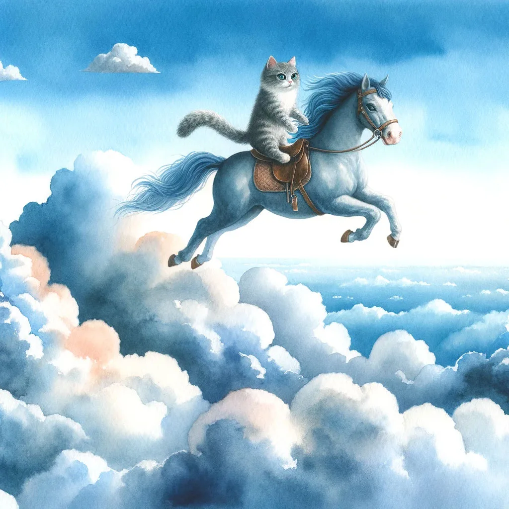 AI Prompt：以水彩風格，畫出一隻貓騎著馬在天空中翱翔