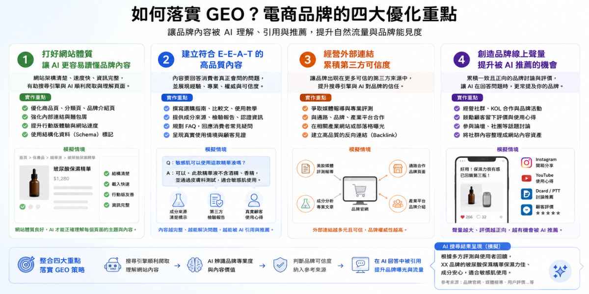 ecommerce-geo-optimization-pillars 說明電商品牌落實 GEO 的四大優化重點,包含網站體質、E-E-A-T 內容、外部連結與品牌聲量。